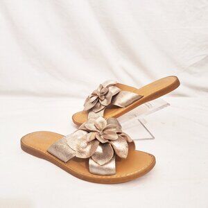 BORN Slides Sandals Shoes Sz 10 Metallic Gold Leather Flower Blossom